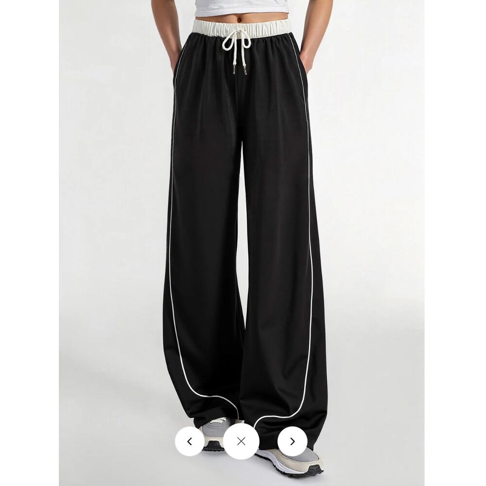 Commense Black Wide-Leg Drawstring Pants with White Piping
